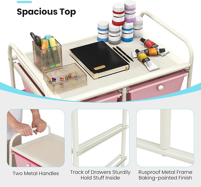 Moccha 10-Drawer Rolling Storage Cart - Under Desk Storage Drawers with wheels for Craft Art Supply Paper Salon, Scrapbook Paper Tools, Mobile Utility Cart for Classroom, Gradient Pink - Image 8