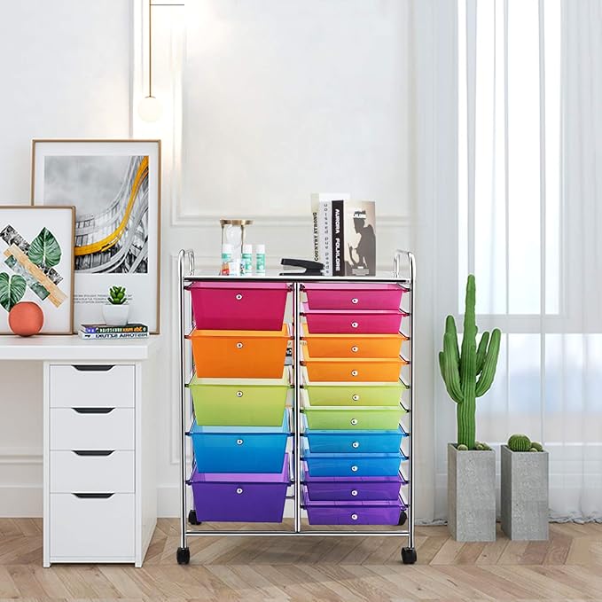 GOFLAME 15-Drawer Rolling Storage Cart, Craft Storage Cart with Removable Drawers & Lockable Wheels, Art Cart Supply Storage Organizer for Home Office Classroom, Rainbow - Image 2