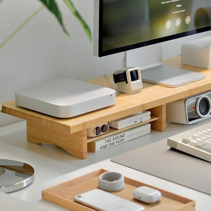 Bamboo Dual Monitor Stand Riser, 2-Tier Desk Shelf with Storage | 39.37-Inch Wide, 300 lbs Capacity, Removable Shelf for Monitors, Printer or TV in Home office, Natural - Image 8