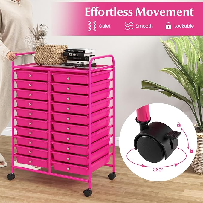 GOFLAME 20-Drawer Rolling Storage Cart, Multifunctional Art Craft Organizer Cart, Mobile Utility Storage Cart with Removable Drawers & Lockable Wheels, Craft Cart for Home Office, Hot Pink - Image 5