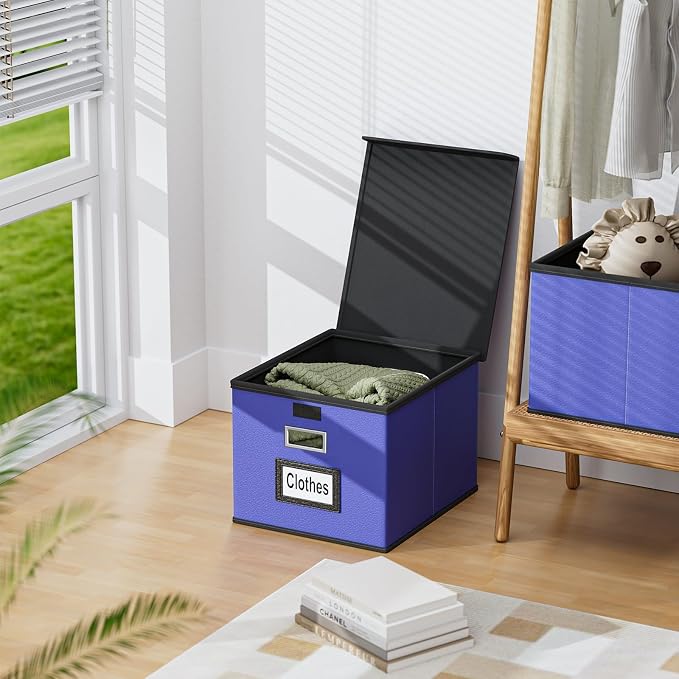 File Organizer Box with Lids, Collapsible File Folder Organizer | File Box with Plastic Slides for Document, Filing Bin for Letter Size Hanging File Folders (1 Pack, Navy Blue, Leather) - Image 8