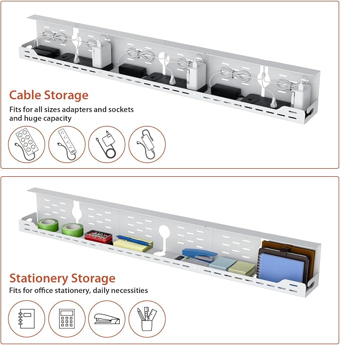 Univivi Under Desk Cable Management Tray, Cable Management, 48 inch, White | Durable Steel Material, Cord Organizer with No-Drill C-Clamp and Screw Mount, Effortless Wire Management for Office/Home - Image 4