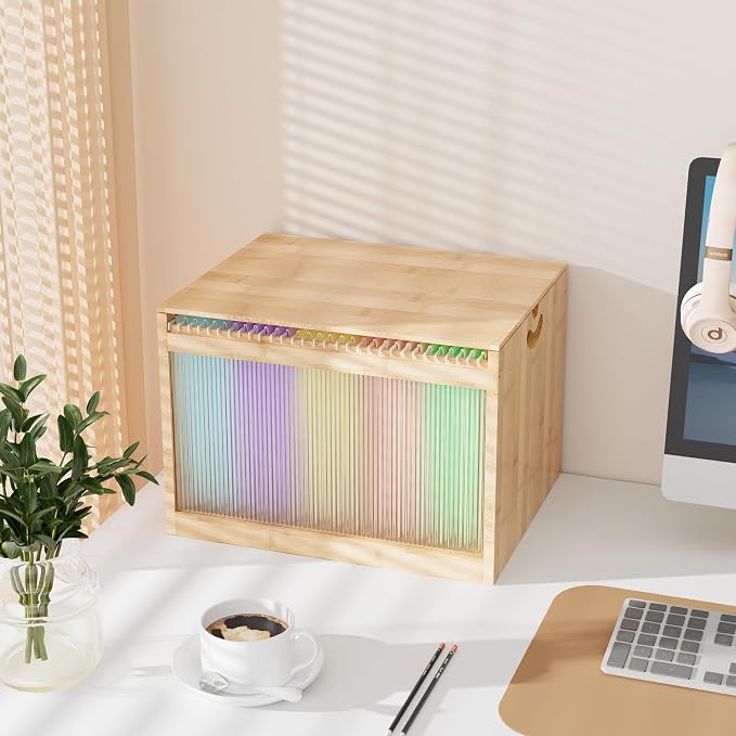 Bamboo Hanging File Organizer, Desk File Box with Lids, 1 Pack, Natural | Removable Lid, Clear Acrylic Side Panels, 2 Hanging Folders Included, Helps Reduce Dust, Letter & Legal Size, Easy Assembly by LONTAI