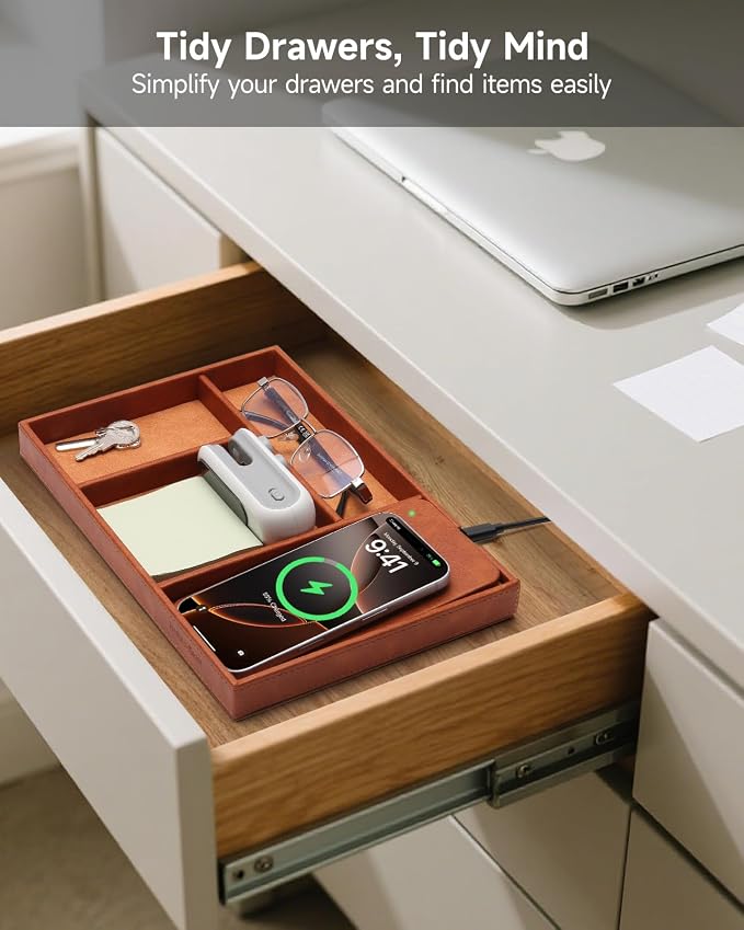 Valet Tray, Built in Wireless Charging Pad, Nightstand Organizer, Two-Toned Premium Vegan Leather Desk Bedside Caddy Organizer Tray for Keys, Watch, Wallet,Jewelry (Brown Patchwork) - Image 4