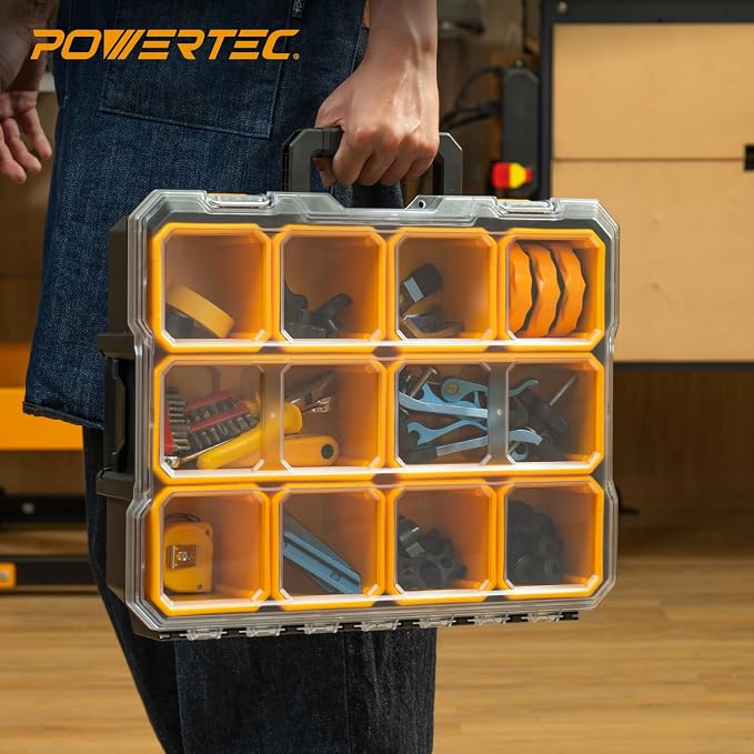 POWERTEC Small Parts Organizer & Tool Box – 10 Compartments, IP65 Water & Dust Protection, Stackable Storage with Interlocking Latch, Removable Tray, Clear Lid, Portable Design (72365) - Image 8
