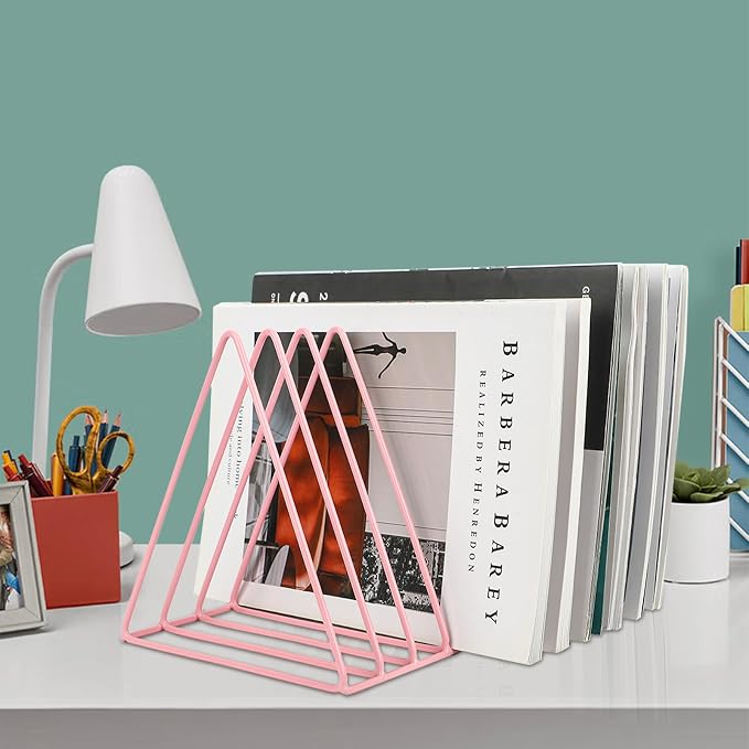Vinyl Record Holder Storage, 9 Slot Metal Magazine Book Album Display Rack, Stylish Triangle Desktop File Sorter Organizer for Home Office, Pink - Image 8