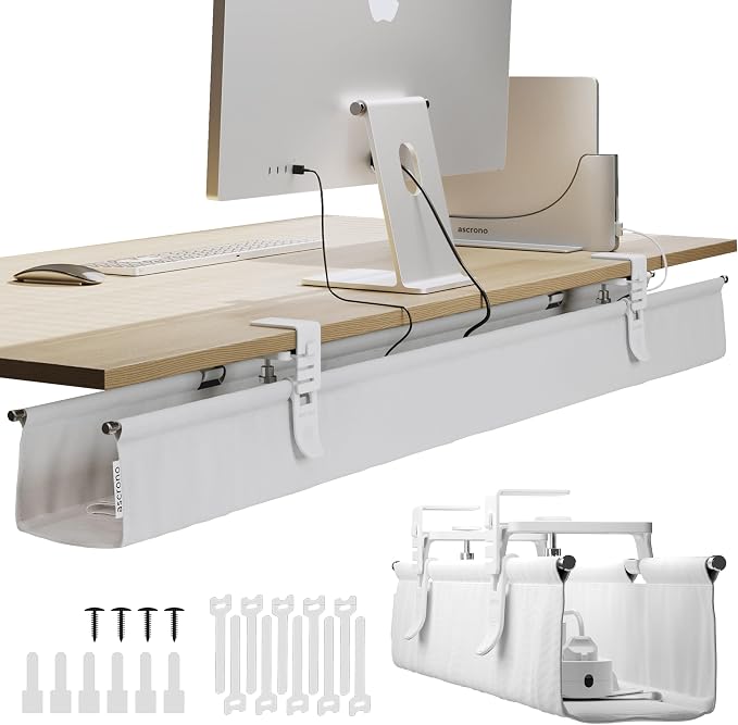Original No Drill Under Desk Cable Management Tray 53.9" - Premium White Fabric Cable Management Under Desk - Clamp/Screw Mount Cord Organizer - Supports Upto 66lbs - Extra Large by Ascrono