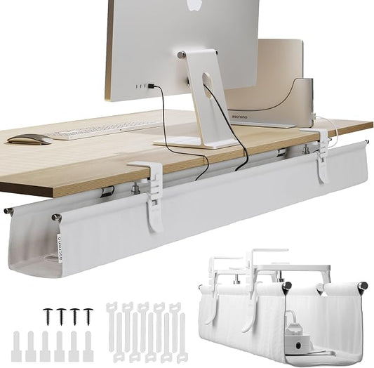 Original No Drill Under Desk Cable Management Tray 53.9" - Premium White Fabric Cable Management Under Desk - Clamp/Screw Mount Cord Organizer - Supports Upto 66lbs - Extra Large by Ascrono