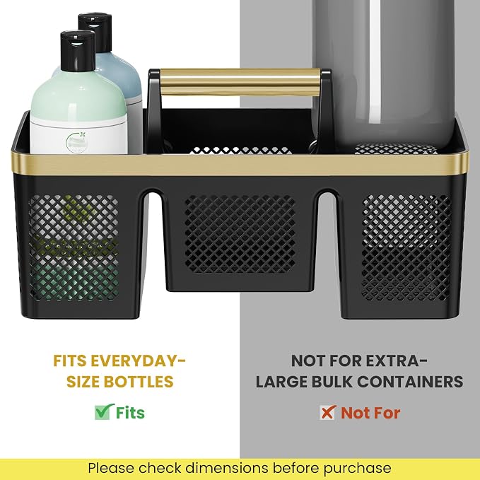 BYUNER Portable Cleaning & Shower Caddy with Handle: Rigid Plastic Basket with 4 Divided Compartments, All-Side Drainage for College Dorm, Bathroom & Utility Use, Black/Gold - Image 7