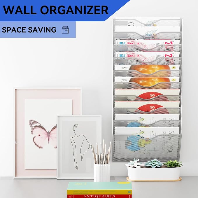 10 Pockets Mesh Hanging Wall File Holder Organizer Wall Mounted Paper Magazine Rack, Silver - Image 2