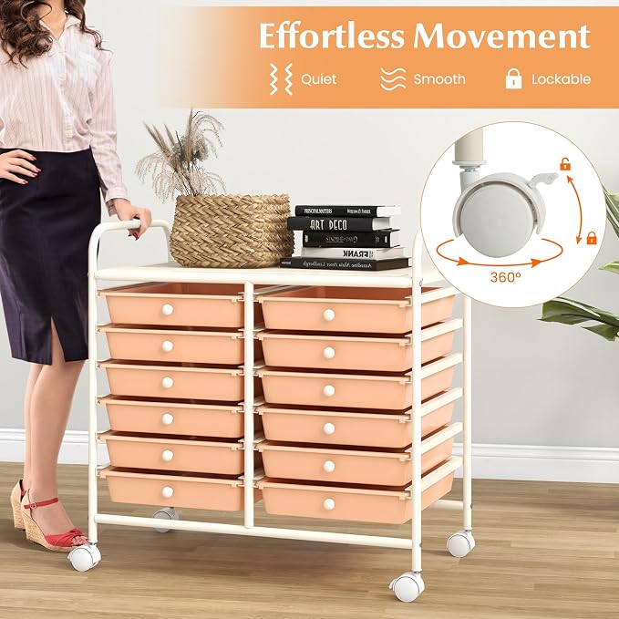 GOFLAME 12-Drawer Rolling Storage Cart, Multifunctional Art Craft Organizer Cart, Mobile Utility Storage Cart with Removable Drawers & Lockable Wheels, Craft Cart for Home Office School, Peach Fuzz - Image 7