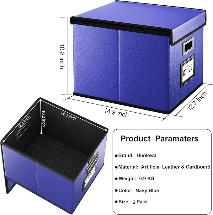File Organizer Box with Lids, Collapsible File Folder Organizer | File Box with Plastic Slides for Document, Filing Bin for Letter Size Hanging File Folders (2 Pack, Navy Blue, Leather) - Image 6