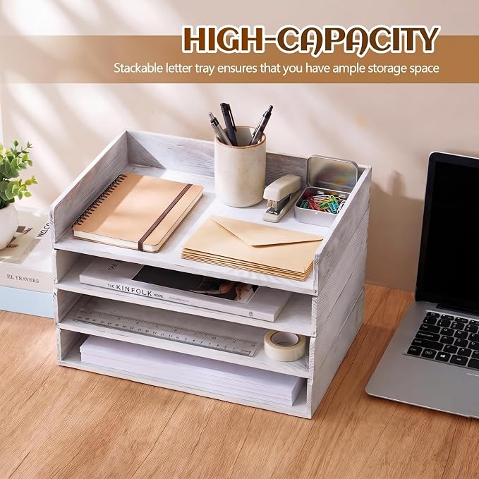 Yeaqee 4 Pcs Stackable Paper Organizer Tray Wood Desk Organizer Letter Tray Paper Holder Desktop Letter Size Office Wooden Desk Shelf Folder Organization Rack for Mail File Document (Vintage White) - Image 3