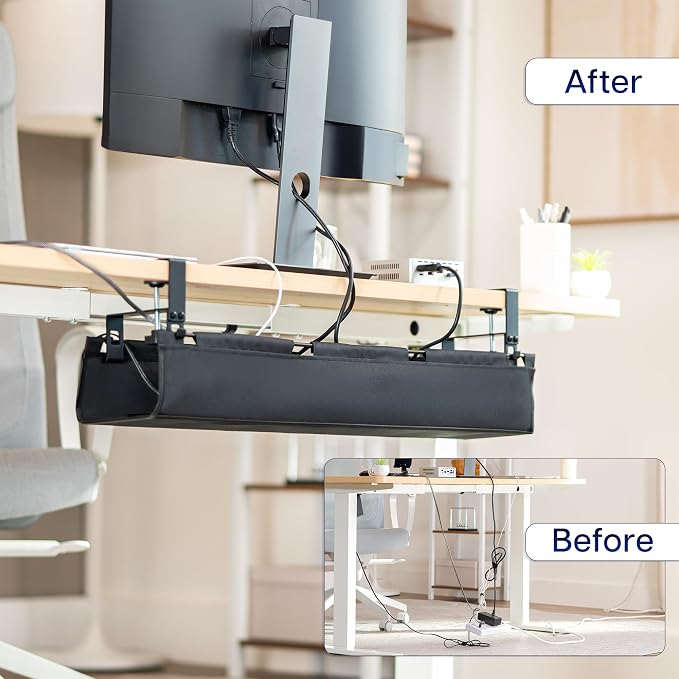 VIVO Clamp-on Under Desk 31 inch Fabric Cable Management Tray, Wire Concealer, Power Strip Storage, Workspace Organization, Easy Fold Down Access, Black, DESK-AC31F-C - Image 2