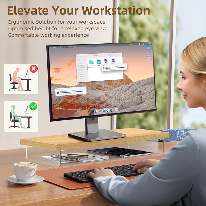 Dual Monitor Stand Riser, 40x10 in Wood & Acrylic Desktop Organizer Shelf | Computer Monitor Stand Riser With Wood & Acrylic Design; Fits 2 Monitors, Laptop, Printer And Desk Supplies For Office Use. - Image 5