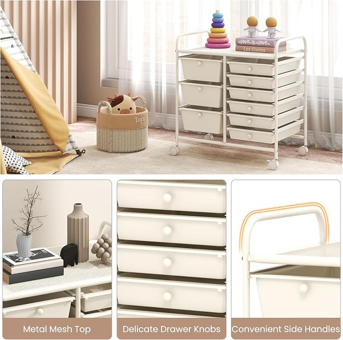 COSTWAY Rolling Storage Cart with 9 Drawer, Utility Cart with Metal Frame | Mobile Art Supply Craft Organizer, Multipurpose Storage Organizer for Paper, Office, School Teacher, Classroom, White - Image 6