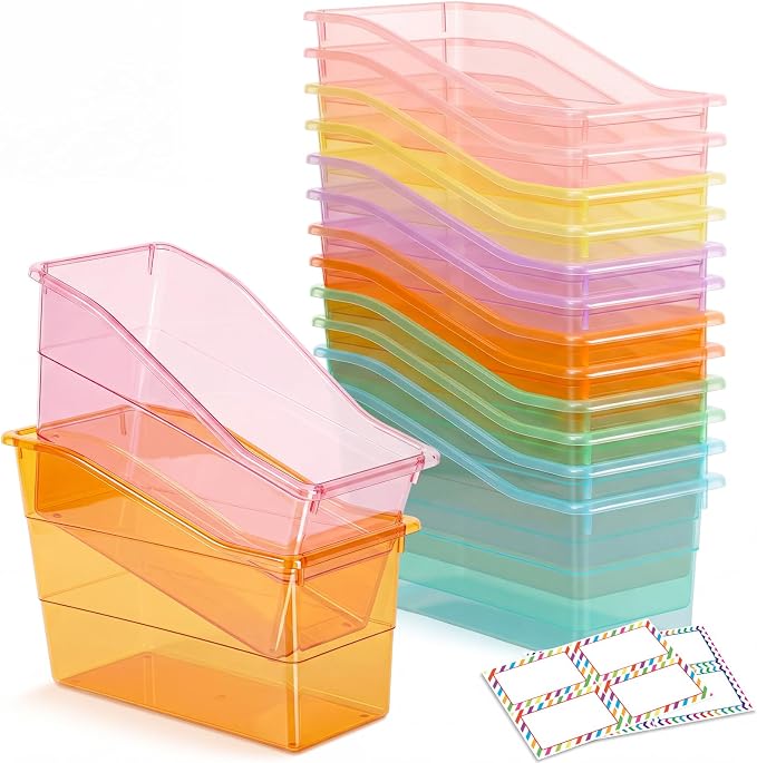 Blosssound 12 Set Book Bins for Classroom with Label Sticker Book Box Baskets Plastic Stackable Organizing Bins Storage & Organization for Classroom Library Home School Supplies (Translucent Pastel) by Blosssound