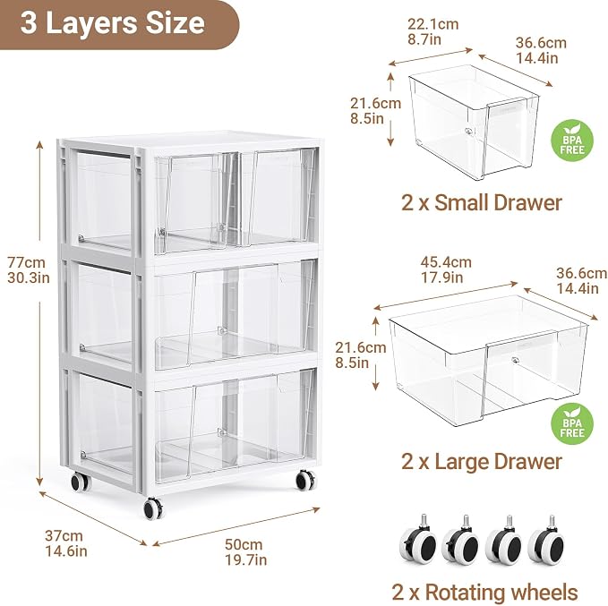 Stackable Storage Drawer Carts, Extra Large Bins 3 Tier 4 Drawers | Smooth Pull-Out Drawers, Clear Plastic Storage Organizer Container For Home Office Bedroom Bathroom Art Crafts Under Desk - Image 2