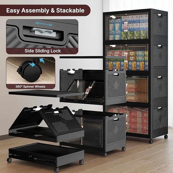 Stackable Storage Bins, 1440QT Collapsible Drawers with 2 Lids | Large Capacity, Magnetic Door, Stack Lock, Rolling Wheels, Foldable Design, Organizers and Storage for Bedroom Dorm Garage - Image 4