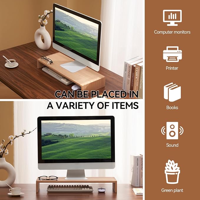 KIRIGEN Wood Monitor Stand Riser for Desk, 23.2 Inch, Natural 59-NA | Desktop Workspace Platforms Stand Fully Assembled for Monitors, Laptops, Small TVs, or Printers - Image 5