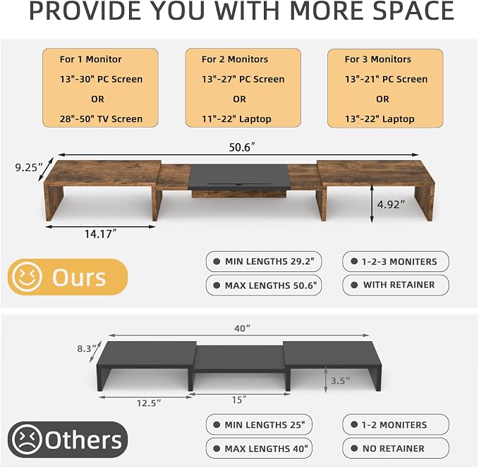 WESTREE Triple Dual Monitor Stand Riser, Extra Long Monitor Stand for 1~2~3 Monitors, Monitor Stand with Length and Angle Adjustable, 3 Shelf Desktop Storage Riser for Monitor Computer Screen Laptop - Image 4