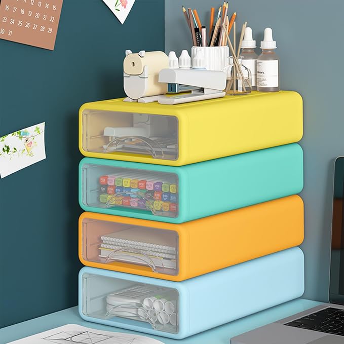 Desk Organizer with Drawers, Stackable Storage Drawers with Compartments Desktop Organization for Office Supplies, Makeup, Pencils, Tape, Erasers, Paperclips, Chargers (4 Pack) - Image 7