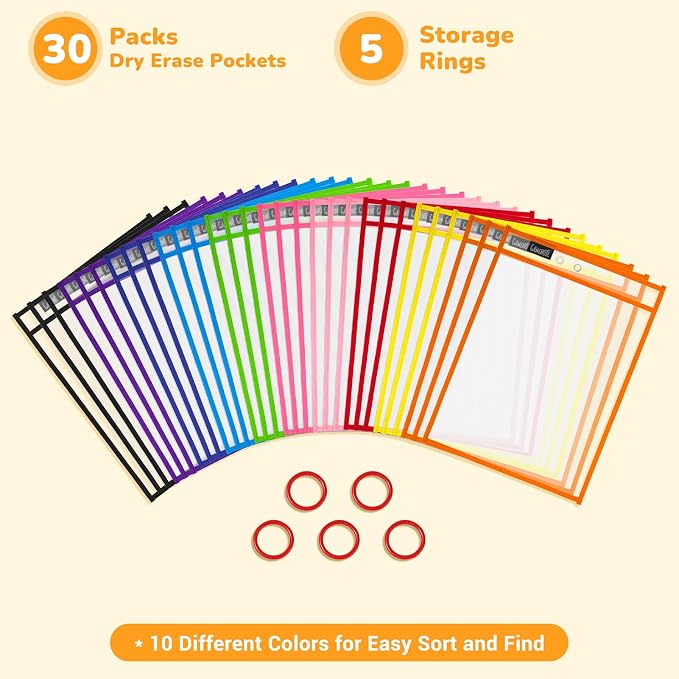 GAMENOTE 30 Pack Dry Erase Pockets, 10x14 Reusable Sleeves, 10 Colors | 30 reusable PVC pockets hold 8.5 x 11 and 9 x 12 sheets; double sided wipe clean surfaces, pen loops, eyelets, and 5 rings - Image 8