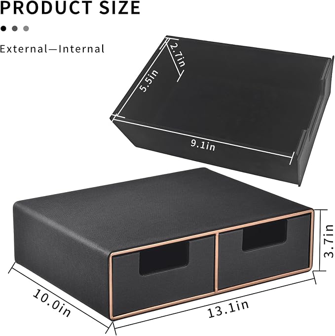 Linen Leather Desk Organizer and monitor stand with Drawers－Mini Desktop Drawer Organizer Stackable－Tabletop Organization Storage Box for Office Supplies Home Vanity Toiletries (Black, 2-drawers) - Image 3