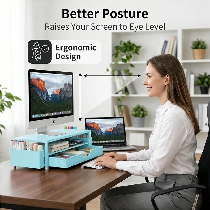 ECOLOVI Desk Organizer and Accessories, 2-Tier Computer Monitor Stand Rise with Storage Drawer & 2 Pen Holders, Laptop & Printer Stand for Desktop, Workspace Organizers for Office Supplies (Blue) - Image 2