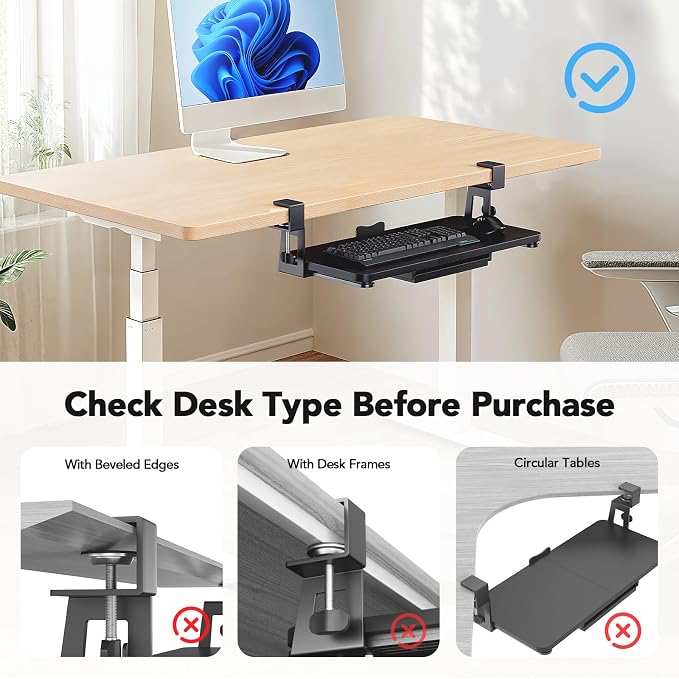 HUANUO Large Under Desk Keyboard Tray with Sturdy C-Clamp Mount, 26 (30.16" Including Clamps) x 12 inch Slide-Out Platform Computer Desk Heavy Duty Keyboard Tray with Storage Drawer for Typing, Black - Image 4