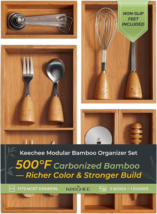 keechee 5-Piece Bamboo Drawer Organizer Set, 2.2" Deep Multi-Use Organizers for Utensils, Silverware, Cutlery, Desk, Bathroom, Junk Drawer & Makeup, Non-Slip Feet Included. by Keechee