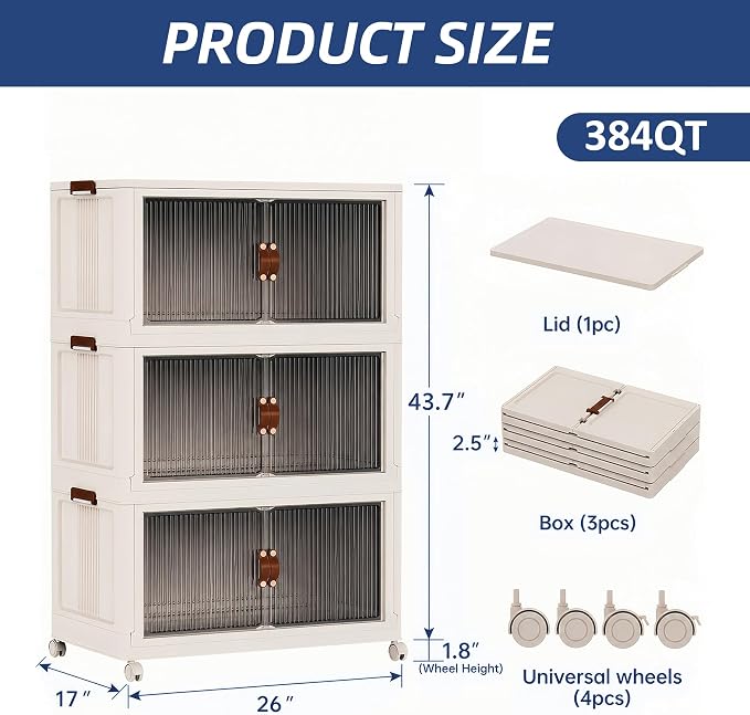 SAILUN 348Qt Stackable Storage Bins,Storage Cabinet a Lid,3Pack Blush White | Stackable Storage Drawers with Lids,26" W x 17" D x 43.7" H,Featuring open-front Access for Clothes and Closet Storage - Image 6