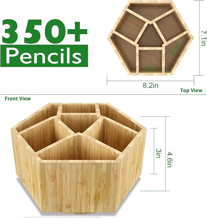 Bamboo Art Supply Organizer,Rotating Pencil Holder Back to School Supplies | Hold 350+ Pencils, for Pen, Colored Pencil, Art Brushes, Desktop Storage Caddy for Classroom & Art Studio - Image 2