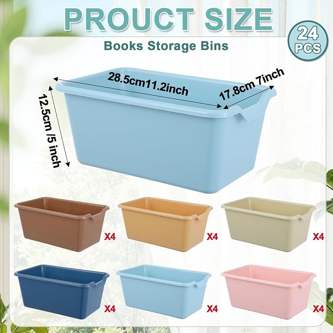 gisgfim 24 Pack Plastic Cubby Bins Classroom Book Bins Scoop Front Stackable Easy-to-Grip Toy Storage Tubs Containers for School Library Office Home Nursery Playroom Organization (Retro Color) - Image 2