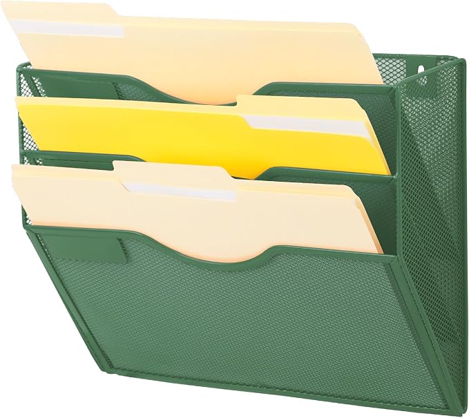 3 Pocket Mesh Hanging Wall File Organizer, Wall Mounted Mail Paper Document Folder Holder, Clipboard Storage Organization Magazine Rack with Nametag Label for Office Home School, Dark Green by EASEPRES
