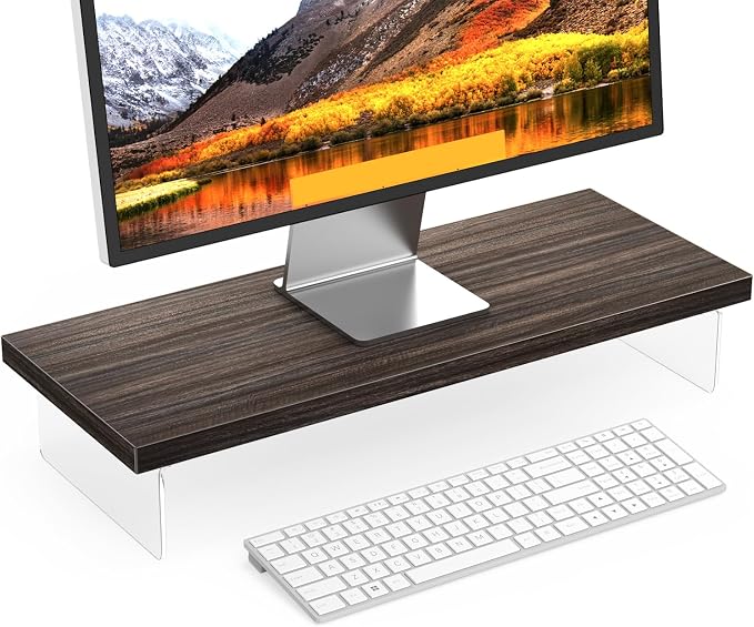 Monitor Stand Riser, 25x10 in Wood & Acrylic Computer Desk Organizer Shelf | Computer Monitor Stand With Wood & Acrylic Design; Works As Laptop Riser, Printer Stand, TV Screen Riser And Desk Organizer. by SSWOOD
