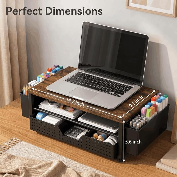 ECOLOVI Desk Organizer and Accessories, 2-Tier Computer Monitor Stand Rise with Storage Drawer & 2 Pen Holders, Laptop & Printer Stand for Desktop, Workspace Organizers for Office Supplies (Brown) - Image 2