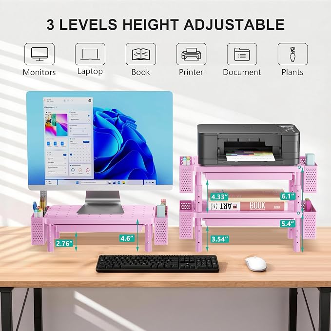WALI Computer Monitor Stand with Storage, Desk Organizer with Drawer and Pen Holder, Desk Monitor Riser 3 Height Adjustable, Laptop Riser for Computer, Laptop, Printer (PTT003-P), 1 Pack, Pink - Image 2