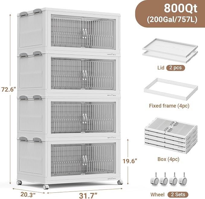 BROVIEW 800Qt Extra Large Stackable Storage Bins with Lids, Closet Organizer Collapsible Drawer Boxes with Wheels, Folding Plastic Cabinet Containers for Home Kitchen Room Organization, 4Pack White - Image 2
