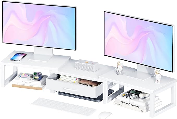 Dual Monitor Stand Riser, Desk Organizers and Accessories with Drawer, Computer Monitor Stands for Desk, Adjustable Desktop Shelf for PC Laptop Printer TV, White by Unknown