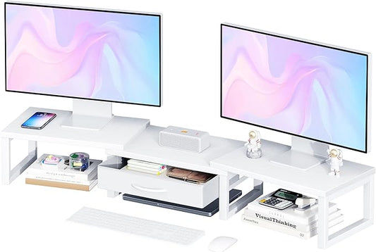 Dual Monitor Stand Riser, Desk Organizers and Accessories with Drawer, Computer Monitor Stands for Desk, Adjustable Desktop Shelf for PC Laptop Printer TV, White by Unknown