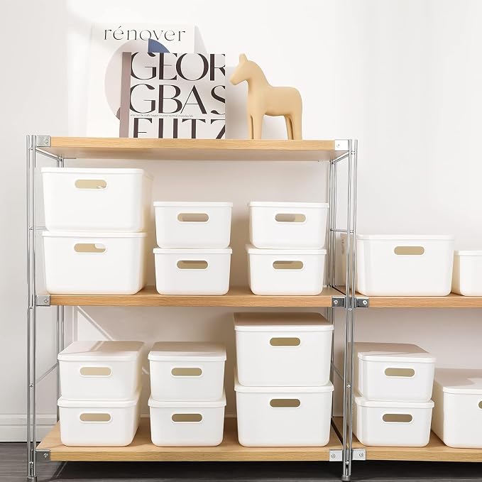Ytteve 6 Pack White Stackable Plastic Storage Bins with Lids & Handles, Durable - 4 Large (14.4"x10.2"x6.3") & 2 Medium (11.8"x8"x4.7"), Multi-size for Closet, Shelves, Drawers, Home & Office - Image 5
