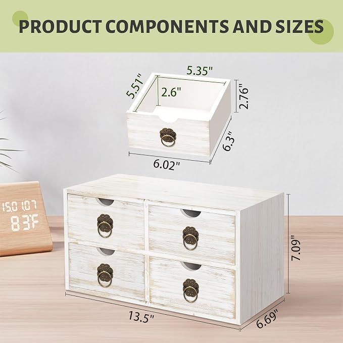 Wood Desk Organizer, White Wooden Desktop Organizer with Drawer, Tabletop Storage Organization Box for Countertop, Home Office Supplies Bills, 13.5x6.6x7.09 Inch(4 Drawer) - Image 3