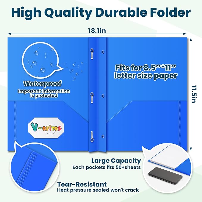V-Opitos 72 Packs 2 Pocket Folders with 3 Prongs Fastener Clasps, Bulk Heavy Duty Plastic Folders, Multicolor Files Folders in 6 Colors for School and Office - Image 3