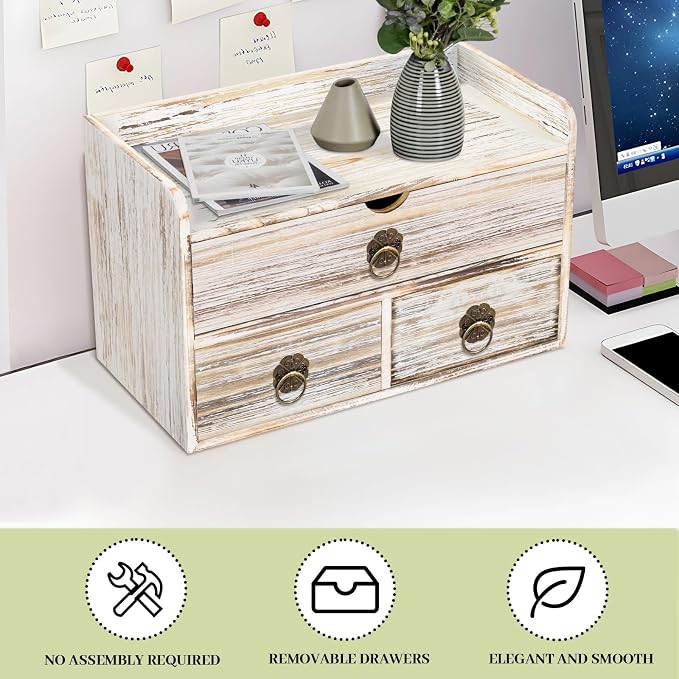 Wood Desk Organizer with Drawer, Vintage Brown Wooden Desktop Organizer, Tabletop Storage Organization Box for Countertop, Home Office Supplies, 13.5x6.6x8.2 Inch(3 Drawer and Shelf) - Image 7