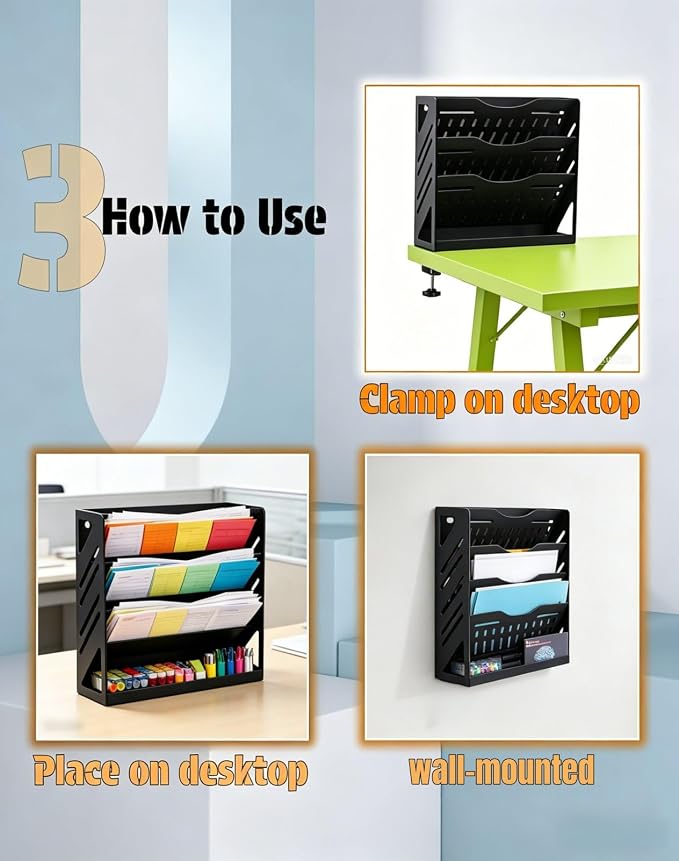 Yuxh 13 Inch 4 Tier Clamp on Desk Shelf Metal File Mail Bill Organizer | Drill-free mounting holder for workspace storage, heavy-duty metal rack for office paperwork sorting - Image 3