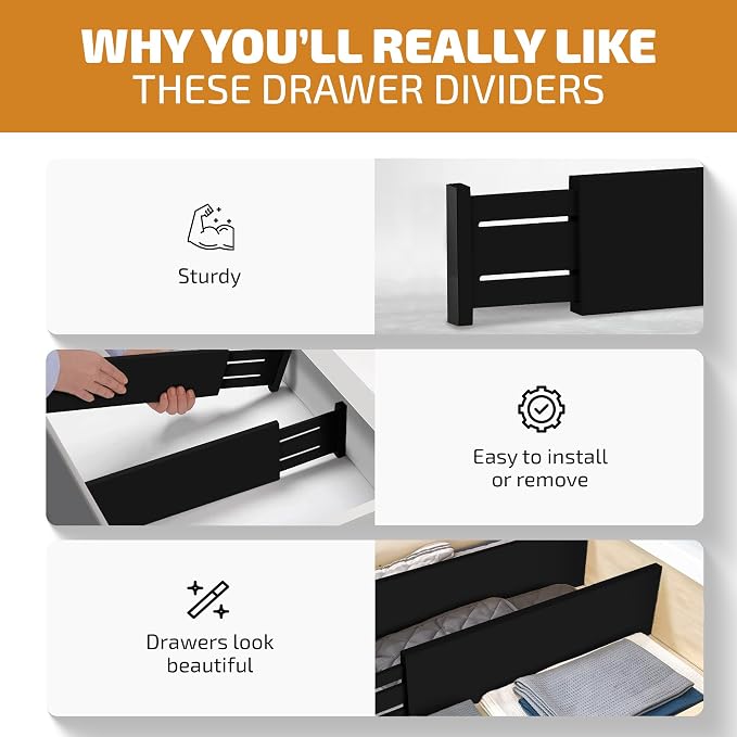 6 Pack Black Drawer Dividers - 6 Inch High for Deep Drawers, Adjustable 11.5 to 17 Inch Expandable Kitchen Drawer Organizer, Spring Loaded Dresser Separator for Clothes, Bedroom, Bathroom, Office - Image 4