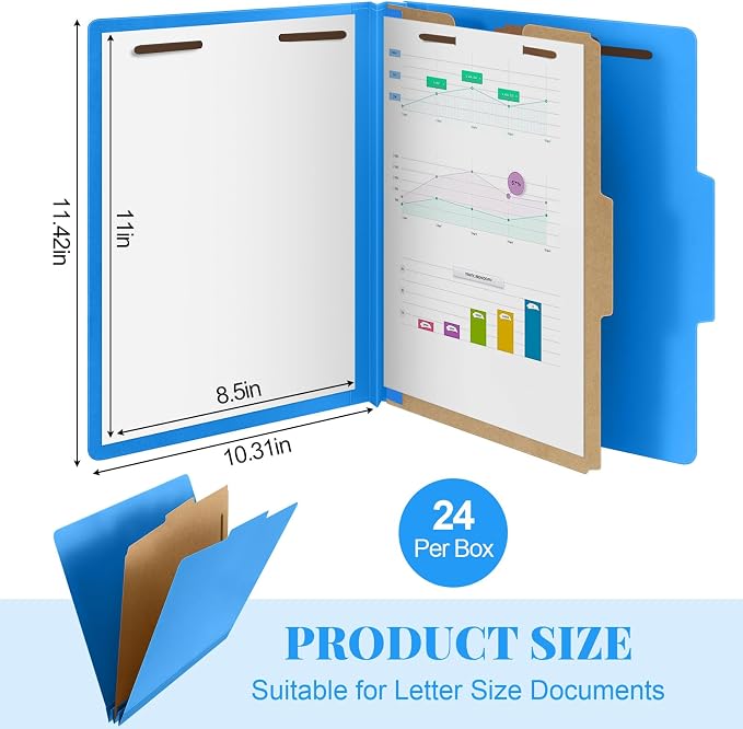 AmazingSpark 24 Pcs Classification Folder Letter Size Bulk 1 Divider Pressboard File Folder with Expansion 2 Prong Fastener Heavy Duty Office File Organizer for School Medical Document(Business Blue) - Image 2