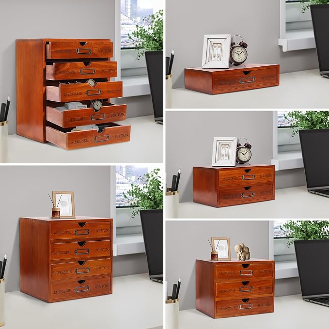 Wooden Desktop Organizer, 5PCS Retro Storage Cabinet Box with Drawers, Mini Tabletop Craft Box Cosmetic Storage Drawer, Portable Desk Letter Mail Sorter for Office Home (Brown) - Image 3