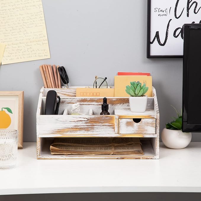 Wood Desk Drawer Organizers with File Organizer Pen holder Office Decor combo Organization Home Can Arrange calculators scissors pens note papers, etc. (washed white) - Image 6